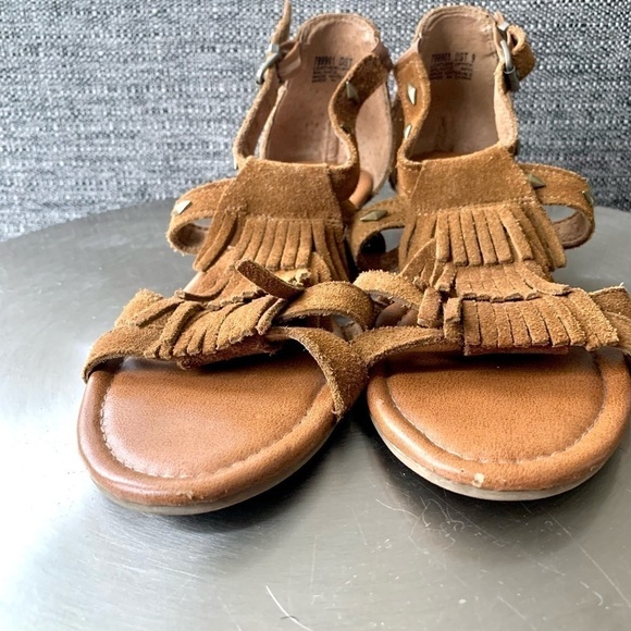 Minnetonka suede Ankle Wedge Sandals Studded Fringe southwestern women’s 9 Brown - Picture 4 of 7